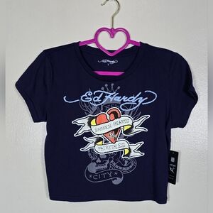 Ed Hardy Cropped Graphic Tee - Blue